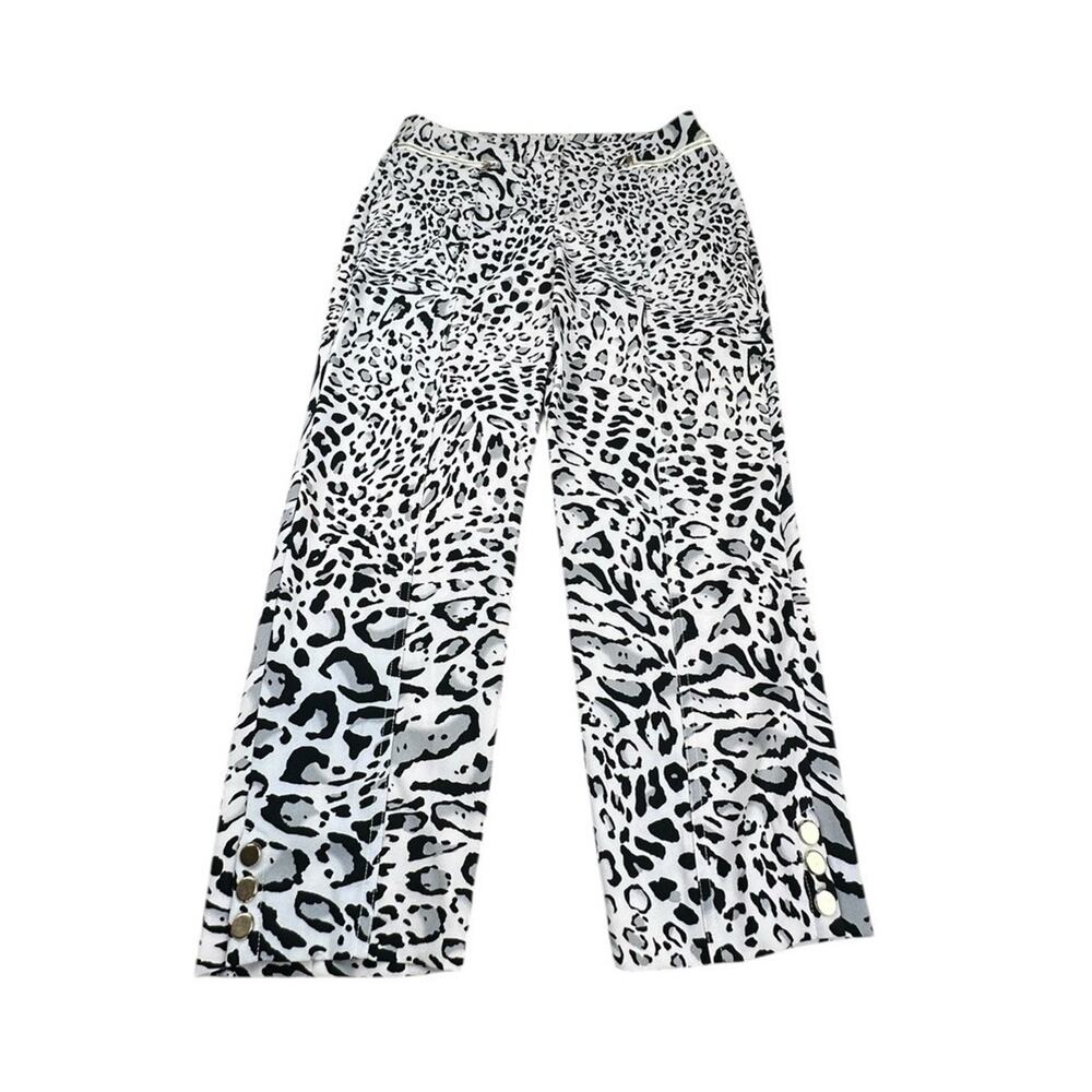 Vtg Cache Black White Gray Leopard Print Straight Leg Cropped Dress Pants Sz 12